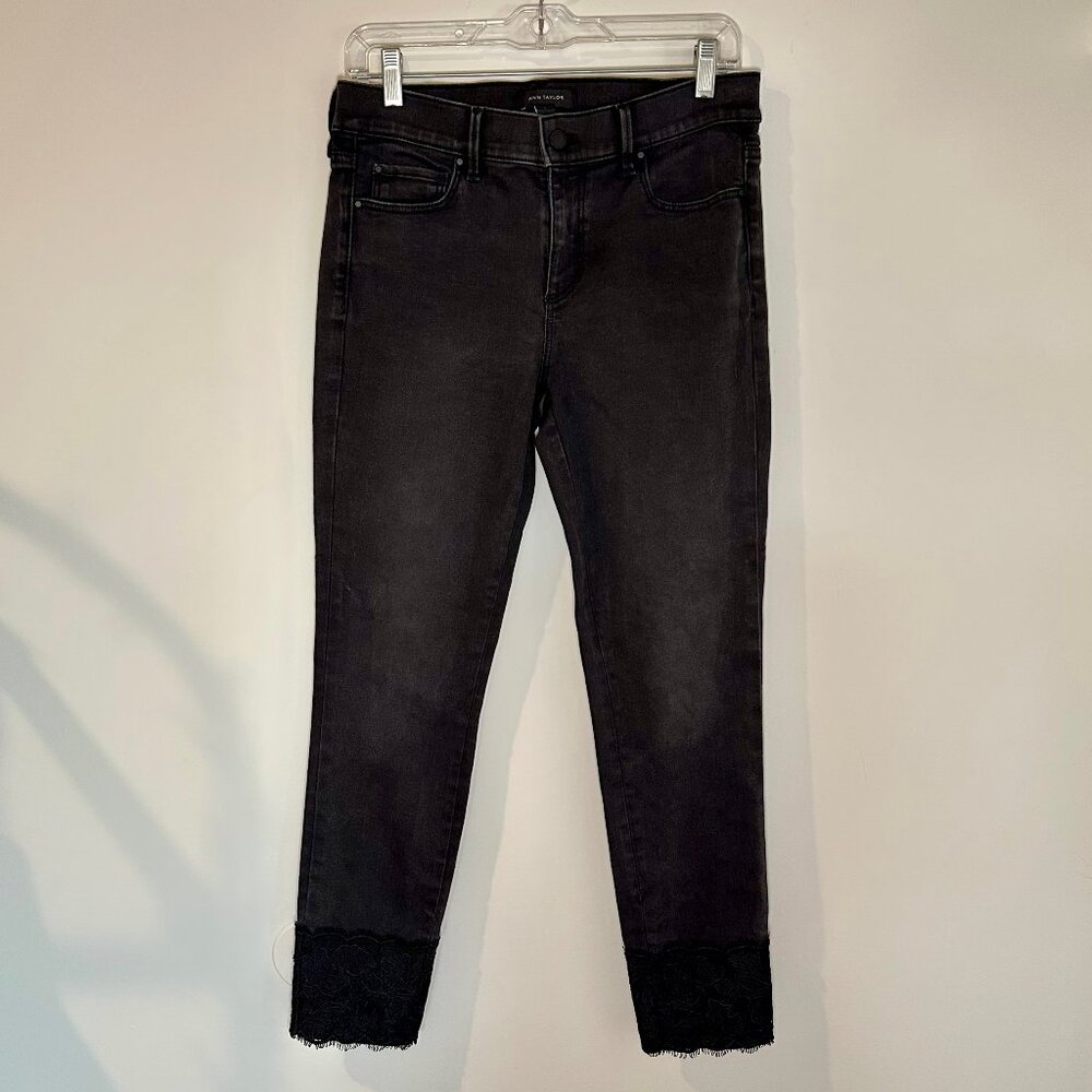 Ann Taylor Skinny Black Wash Denim Jeans Lace Hem Size 4